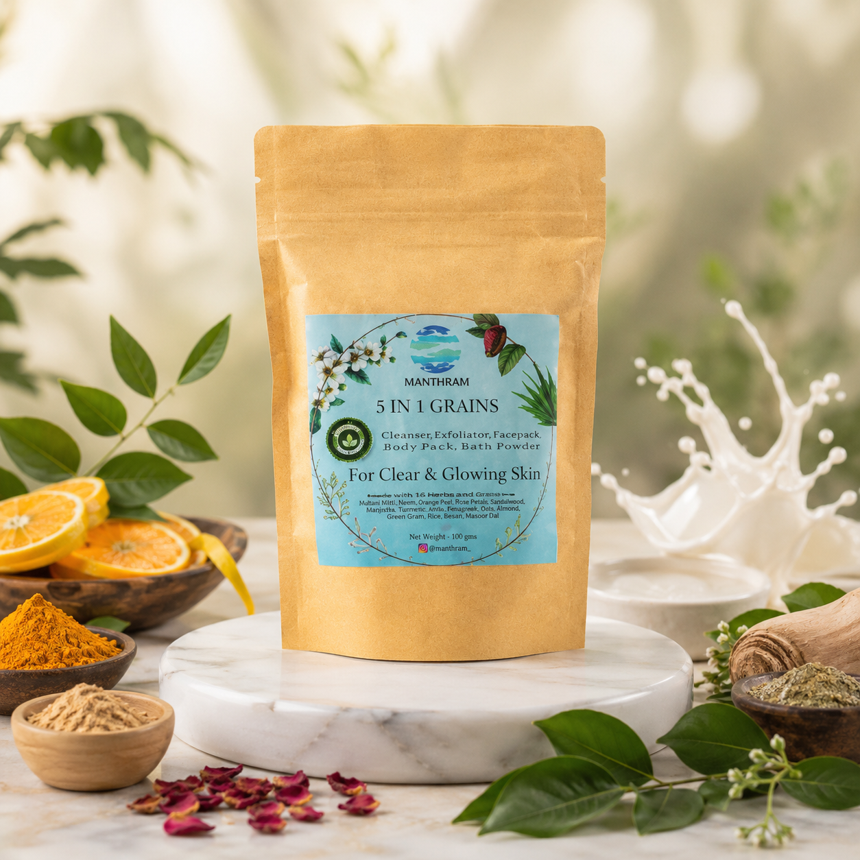 MANTHRAM - 5 IN 1 GRAINS POWDER (Cleanser,Exfoliator,Facepack,Body Pack,Bath Powder) Made with 16 Herbs & Grains - 100 gms
