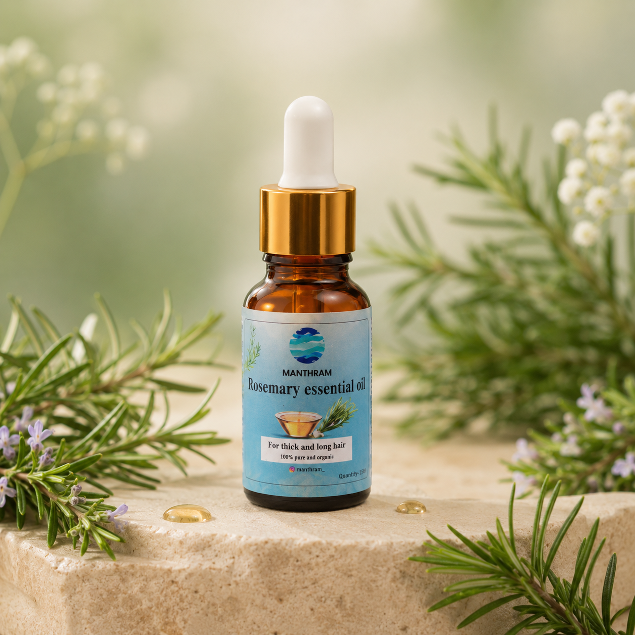 Manthram Rosemary Essential Oil for Hair Growth, Hair Fall Control and Nourishment, Skin Care | Organic 100% Pure, Natural, Undiluted | 15ml | 50ml