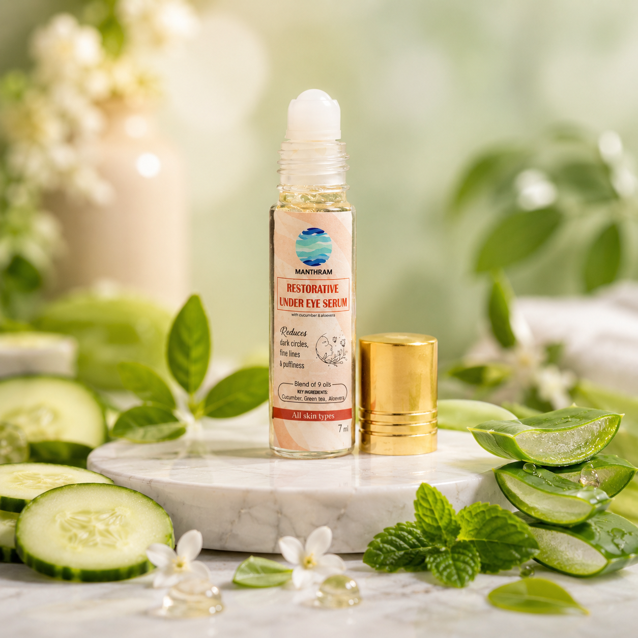 MANTHRAM Cucumber and Aloevera Under Eye Serum, Helps Reduce Puffiness & Dark Circles, Lightweight Brightening Natural Serum For Under Eyes, No Parabens & Sulphates
