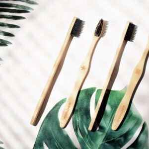 MANTHRAM - Bamboo Toothbrush - Premium Eco-Friendly Organic Toothbrush Made in India for Adults, Charcoal Activated Soft Bristles, 1 Pc [BpA Free] Brush with Wooden Handle, Natural Bamboo Toothbrushes