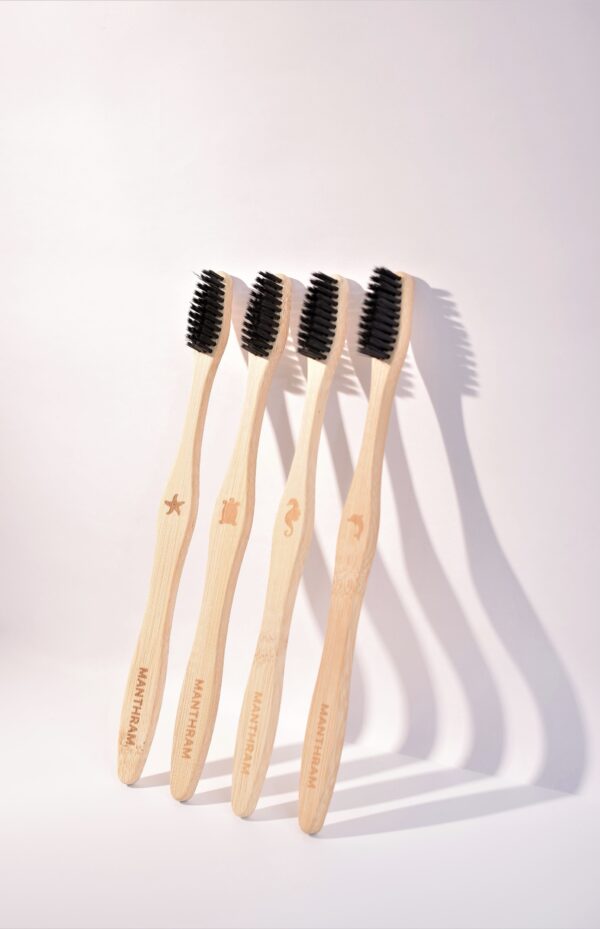 MANTHRAM - Bamboo Toothbrush - Premium Eco-Friendly Organic Toothbrush Made in India for Adults, Charcoal Activated Soft Bristles, 1 Pc [BpA Free] Brush with Wooden Handle, Natural Bamboo Toothbrushes - Image 2